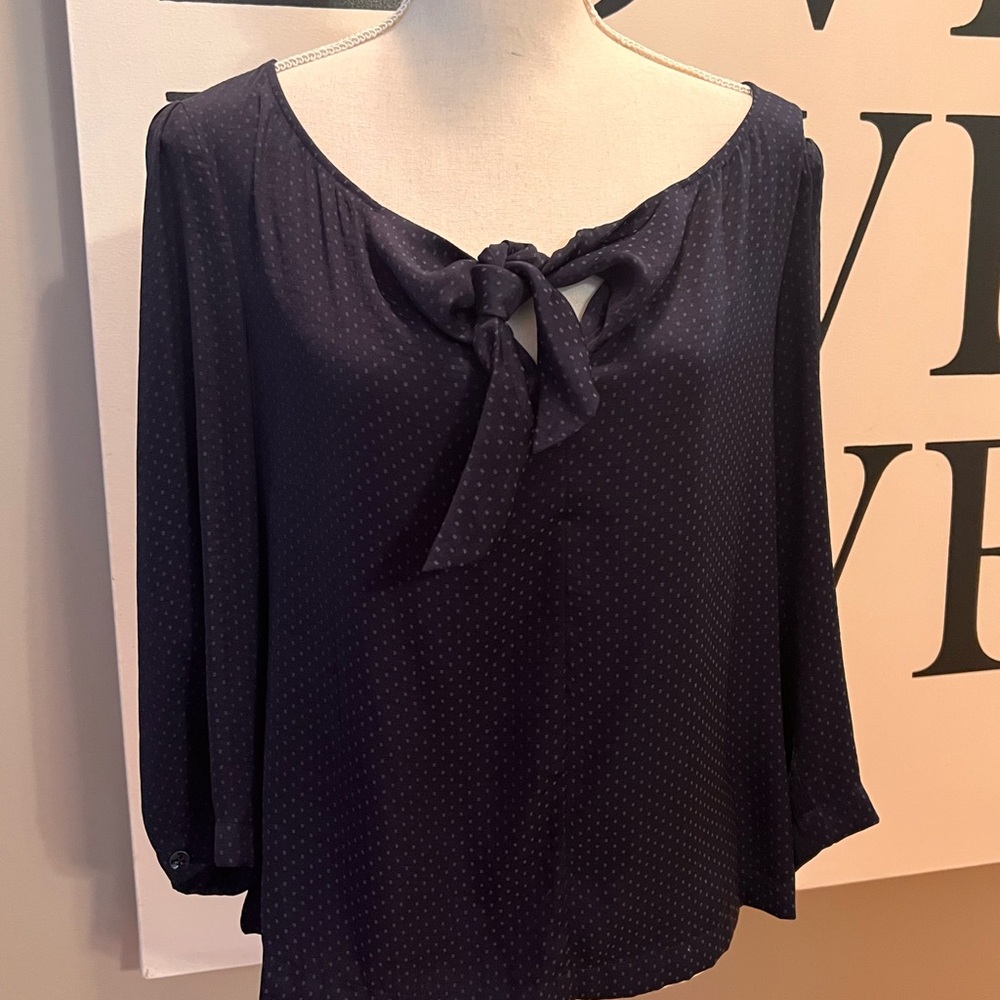 Cabi Navy Polka Dot Blouse with Bow Detail